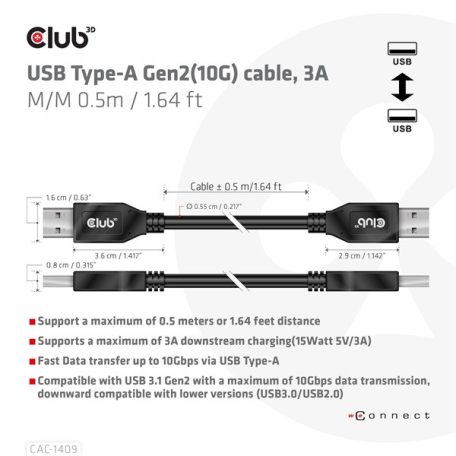 Club 3D kábel - CAC-1409 (USB-A Gen2, M/M, 10Gbps, 3A, 15W, 5V/3A, 0.5m)
