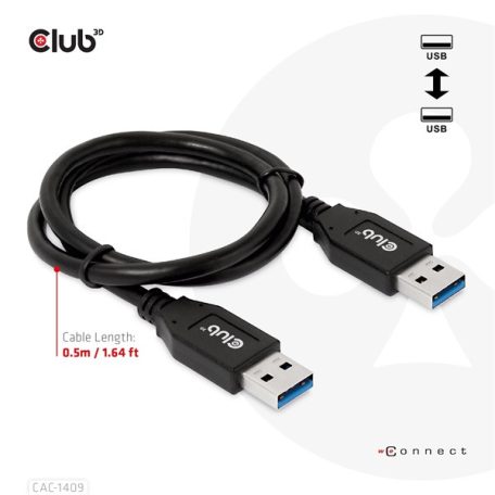 Club 3D kábel - CAC-1409 (USB-A Gen2, M/M, 10Gbps, 3A, 15W, 5V/3A, 0.5m)
