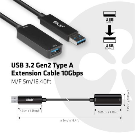 Club 3D kábel - CAC-1411 (3.2 USB-A 10 Gbps, M/F, 5m)