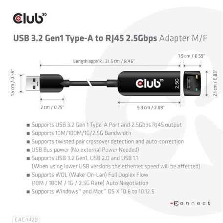 Club 3D Átalakító - CAC-1420 (3.2 USB-A to RJ45, 2.5Gb, M/F)