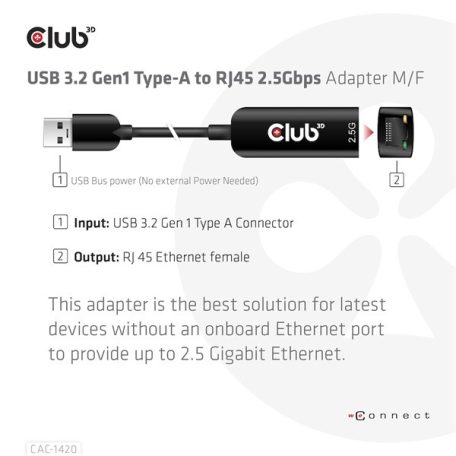 Club 3D Átalakító - CAC-1420 (3.2 USB-A to RJ45, 2.5Gb, M/F)