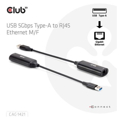 Club 3D Átalakító - CAC-1421 (USB-A to RJ45, 5 GBps, M/F)