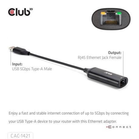 Club 3D Átalakító - CAC-1421 (USB-A to RJ45, 5 GBps, M/F)