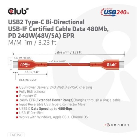 Club 3D Kábel - CAC-1511 (USB2 USB-C, 480Mb, 240W PD EPR, Bidirektional, USB-IF tanúsítvány, M/M, 1m)