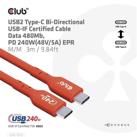 Club 3D Kábel - CAC-1513 (USB2 USB-C Bidirektional, 480Mb/s, PD 240W, USB-IF Certified, M/M, 3m)