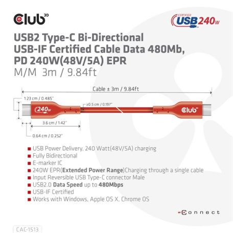 Club 3D Kábel - CAC-1513 (USB2 USB-C Bidirektional, 480Mb/s, PD 240W, USB-IF Certified, M/M, 3m)