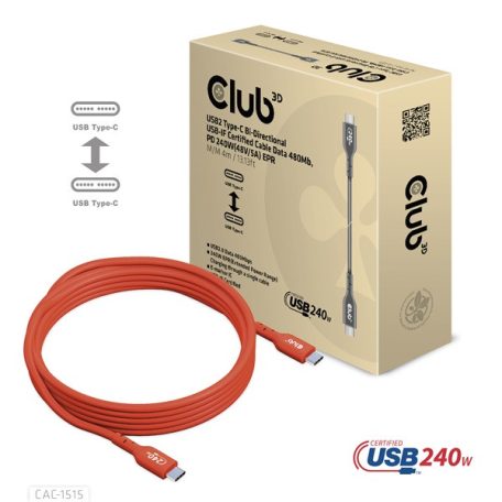 Club 3D Kábel - CAC-1515 (USB2.0 USB-C, 480Mb, 240W PD, kétirányú, USB-IF Certified, M/M, 4m)