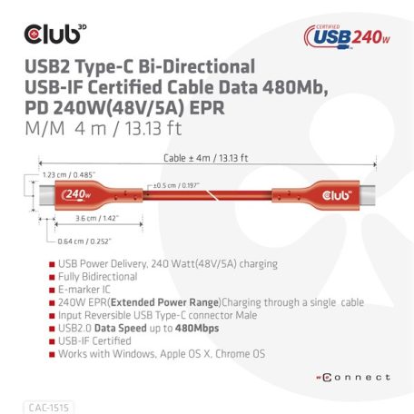 Club 3D Kábel - CAC-1515 (USB2.0 USB-C, 480Mb, 240W PD, kétirányú, USB-IF Certified, M/M, 4m)