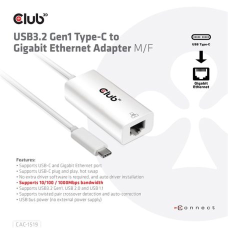 Club 3D Átalakító - CAC-1519 (3.2 USB-C Gen 1 to RJ45 1GB Ethernet, aktív)