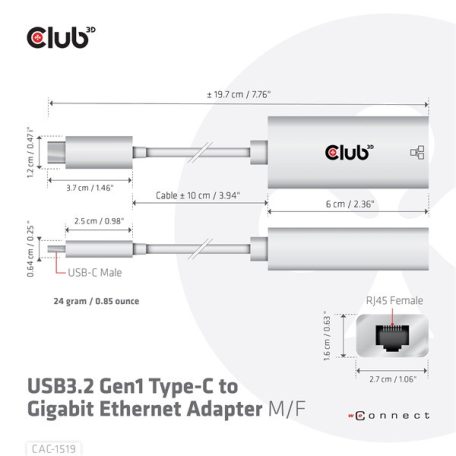 Club 3D Átalakító - CAC-1519 (3.2 USB-C Gen 1 to RJ45 1GB Ethernet, aktív)