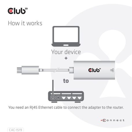 Club 3D Átalakító - CAC-1519 (3.2 USB-C Gen 1 to RJ45 1GB Ethernet, aktív)