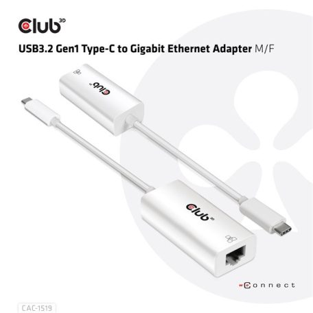 Club 3D Átalakító - CAC-1519 (3.2 USB-C Gen 1 to RJ45 1GB Ethernet, aktív)