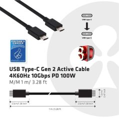   Club 3D Kábel - CAC-1522 (3.1 USB-C Gen 1 to 3.1 USB-C Gen 1, 10Gbps, 100W PD, 4K60Hz, M/M, 0,8m)