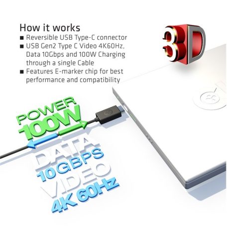 Club 3D Kábel - CAC-1522 (3.1 USB-C Gen 1 to 3.1 USB-C Gen 1, 10Gbps, 100W PD, 4K60Hz, M/M, 0,8m)