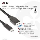 Club 3D Kábel - CAC-1523 (3.1 USB-C Gen 2 to 3.1 USB-A Gen 2, 10Gbps, 60W PD2.0, Bidirectional, 4K60Hz, M/M, 1m)
