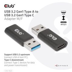   Club 3D Átalakító - CAC-1525 (3.2 USB-A Gen 1 to 3.2 USB-C Gen 1, Bidirectional)