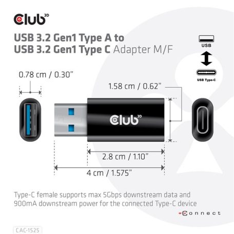 Club 3D Átalakító - CAC-1525 (3.2 USB-A Gen 1 to 3.2 USB-C Gen 1, Bidirectional)