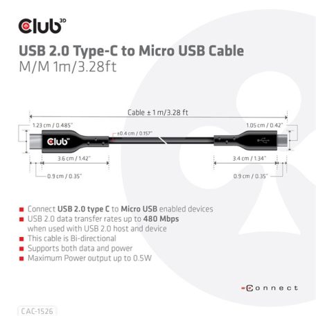 Club 3D Kábel - CAC-1526 (2.0 USB-C Gen 1 to Micro USB, 1m, Bidirectional)