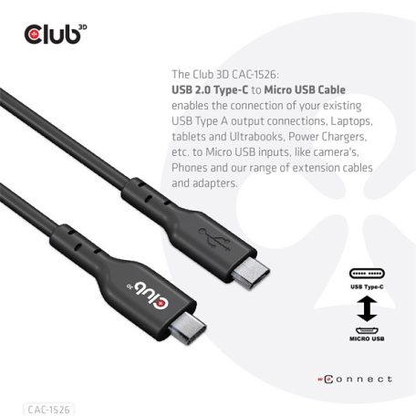 Club 3D Kábel - CAC-1526 (2.0 USB-C Gen 1 to Micro USB, 1m, Bidirectional)