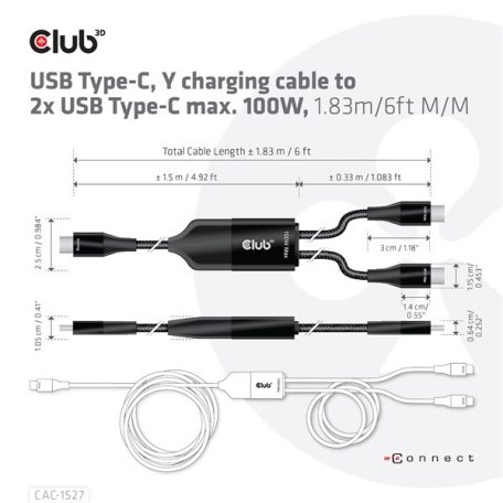 Club 3D Kábel - CAC-1527 (USB-C Y kábel, 100W PD, 1.83m, 2xUSB-C)