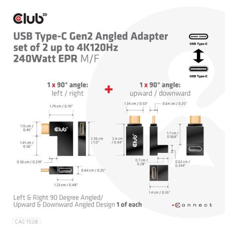 Club 3D Átalakító - CAC-1528 (USB-C Gen 2 to USB-C Gen 2, 90 fokos adapter, 10Gbps, 4k120Hz)