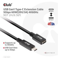   Club 3D Kábel - CAC-1529 (USB-C Gen 1 to USB-C, 5Gbps, 60W, 4K60Hz, M/F, 2m)