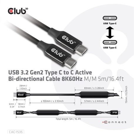 Club 3D Kábel - CAC-1535 (3.2 USB-C Gen 2 to 3.2 USB-C Gen 2, 60W PD, 8K60Hz, Bidirectional, M/M, 5m)