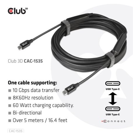 Club 3D Kábel - CAC-1535 (3.2 USB-C Gen 2 to 3.2 USB-C Gen 2, 60W PD, 8K60Hz, Bidirectional, M/M, 5m)