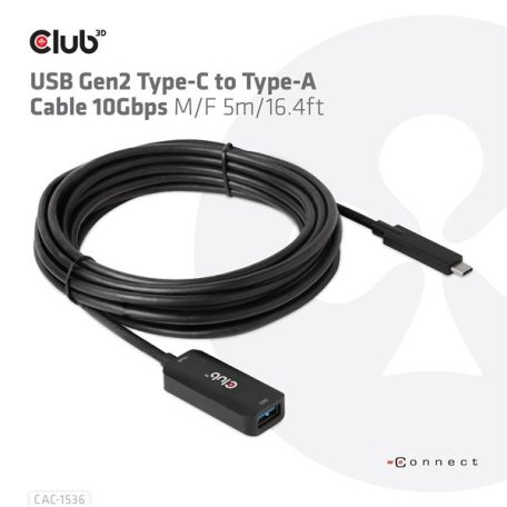 Club 3D Kábel - CAC-1536 (USB-C Gen 2 to USB-A, 10Gbps, M/F, 5m)