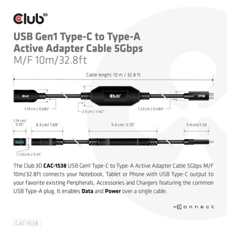 Club 3D Kábel - CAC-1538 (USB-C Gen 1 to USB-A, 5Gbps, 10m)
