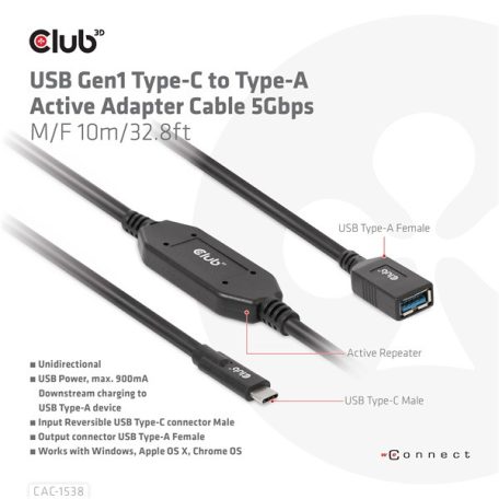 Club 3D Kábel - CAC-1538 (USB-C Gen 1 to USB-A, 5Gbps, 10m)