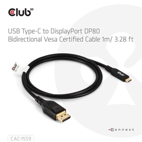 Club 3D Kábel - CAC-1559 (USB-C to DisplayPort 2.1, DP80 Bidirectional, 1m, 8K60Hz)
