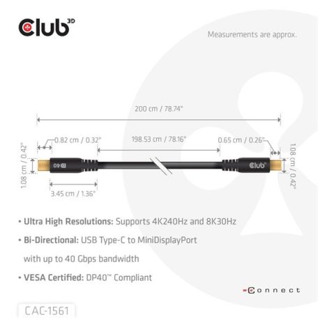 Club 3D Kábel - CAC-1561 (USB-C to Mini DisplayPort 2.1, DP40 Bidirectional, 2m, 8K30Hz)