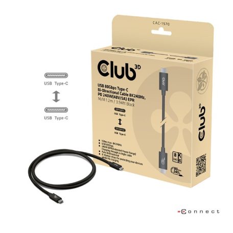Club 3D Kábel - CAC-1570 (USB4 USB-C, 240W PD, 80Gbps, 8K240Hz, 4K540Hz, Bidirectional, fekete, M/M, 1,2m)
