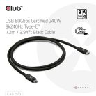 Club 3D Kábel - CAC-1570 (USB4 USB-C, 240W PD, 80Gbps, 8K240Hz, 4K540Hz, Bidirectional, fekete, M/M, 1,2m)