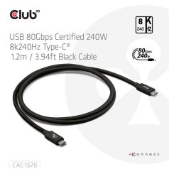   Club 3D Kábel - CAC-1570 (USB4 USB-C, 240W PD, 80Gbps, 8K240Hz, 4K540Hz, Bidirectional, fekete, M/M, 1,2m)