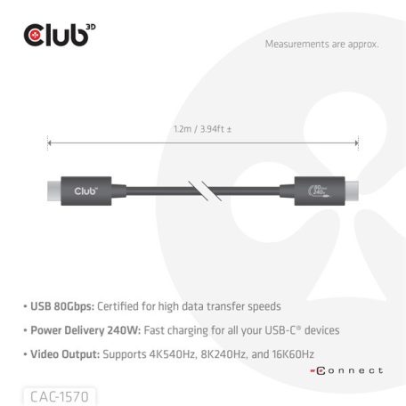 Club 3D Kábel - CAC-1570 (USB4 USB-C, 240W PD, 80Gbps, 8K240Hz, 4K540Hz, Bidirectional, fekete, M/M, 1,2m)