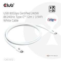   Club 3D Kábel - CAC-1572 (USB4 USB-C, 240W PD, 80Gbps, 8K240Hz, 4K540Hz, Bidirectional, fehér, M/M, 1,2m)