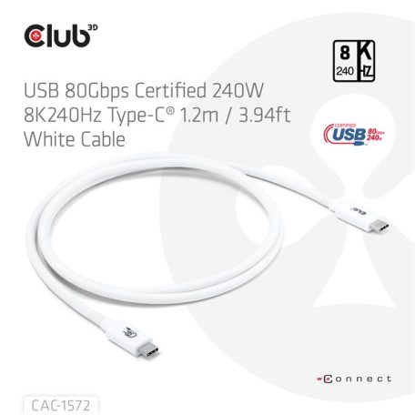 Club 3D Kábel - CAC-1572 (USB4 USB-C, 240W PD, 80Gbps, 8K240Hz, 4K540Hz, Bidirectional, fehér, M/M, 1,2m)