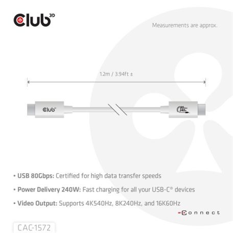 Club 3D Kábel - CAC-1572 (USB4 USB-C, 240W PD, 80Gbps, 8K240Hz, 4K540Hz, Bidirectional, fehér, M/M, 1,2m)