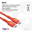 Club 3D Kábel - CAC-1573 (USB2 USB-C, Kétirányú, 480Mb, 240W EPR, M/M, 2m)