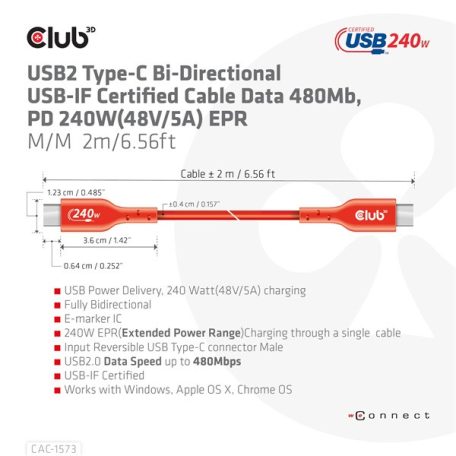 Club 3D Kábel - CAC-1573 (USB2 USB-C, Kétirányú, 480Mb, 240W EPR, M/M, 2m)