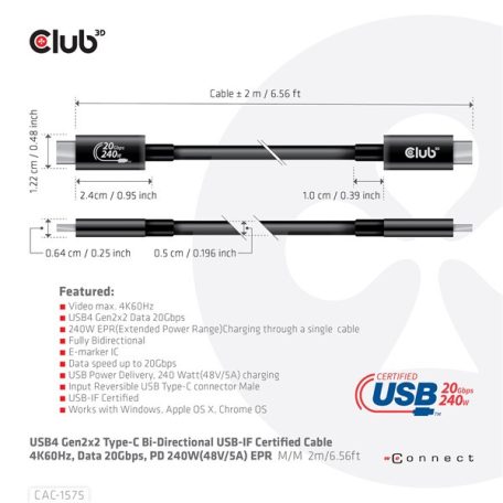 Club 3D Kábel - CAC-1575 (USB4 USB-C Gen 2x2, Bi-Directional USB-IF, 4K60Hz, 20Gbps, PD 240W(48V/5A) EPR M/M, 2m)