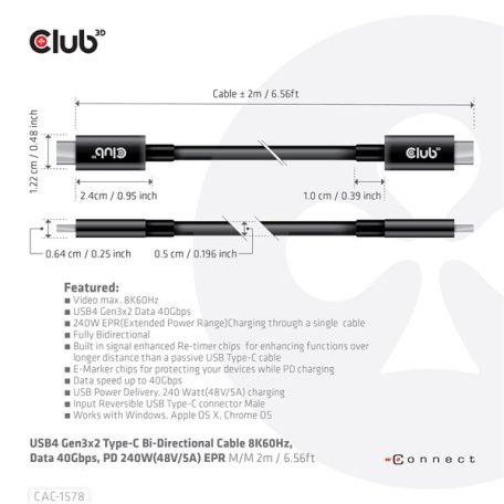 Club 3D Kábel - CAC-1578 (USB4 USB-C Gen 3x2, Bi-directional, 8K60Hz, 40Gbps, 240W PD, EPR, M/M, 2m)