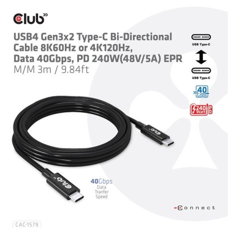 Club 3D Kábel - CAC-1579 (USB4 USB-C Gen 3x2, Bi-directional, 8K60Hz, 40Gbps, 240W PD, EPR, M/M, 3m)