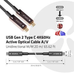   Club 3D Kábel - CAC-1589 (3.2 USB-C Gen 2 to 3.2 USB-C Gen 2, aktív, optikai, 60W PD, 4K60Hz, Bidirectional, M/M, 20m)