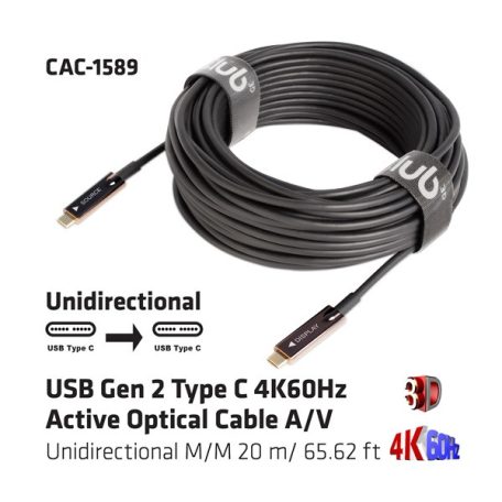 Club 3D Kábel - CAC-1589 (3.2 USB-C Gen 2 to 3.2 USB-C Gen 2, aktív, optikai, 60W PD, 4K60Hz, Bidirectional, M/M, 20m)