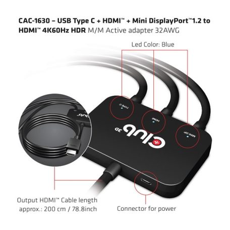 Club 3D Átalakító - CAC-1630 (USB-C + HDMI + MiniDisplayport to HDMI 4K60Hz, M/M, 32AVG)