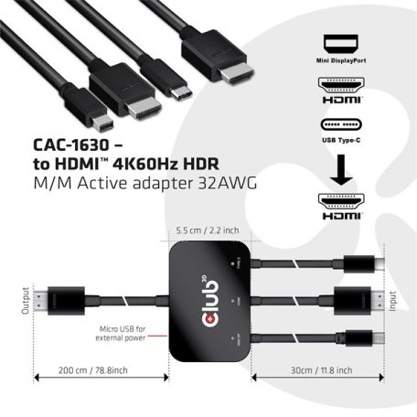 Club 3D Átalakító - CAC-1630 (USB-C + HDMI + MiniDisplayport to HDMI 4K60Hz, M/M, 32AVG)