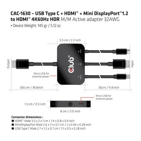 Club 3D Átalakító - CAC-1630 (USB-C + HDMI + MiniDisplayport to HDMI 4K60Hz, M/M, 32AVG)